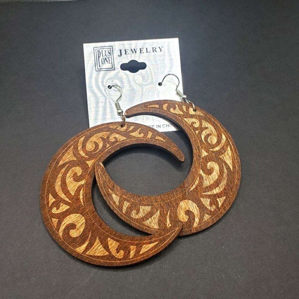 Wooden Crescent Hoop Earrings - Brown Floral Design